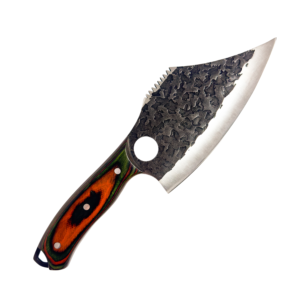 Bone-Saw Braai Cleaver with hammered blade finish, orange and black pakkawood handle, and integrated bone-saw teeth along the spine