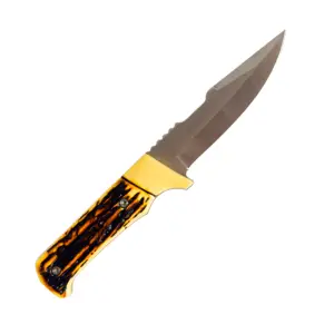 Compact Hunting Knife shown blade-up, with its brass bolster and yellow jigged stag-look handle clearly visible