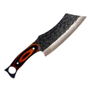 Hook-Spine Braai Cleaver with hammered blade finish and orange and black pakkawood handle, no blade holes