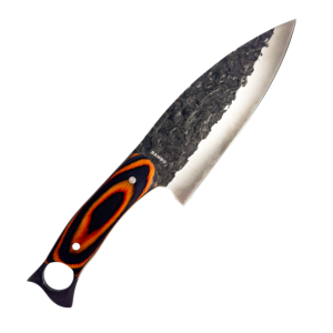 Rambo Wharncliffe EDC knife with a distressed hammered blade finish and orange and black pakkawood handle