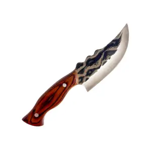 Wave-Pattern Boning Slicer with acid-etched wave finish blade and dark wood handle with contrasting pins